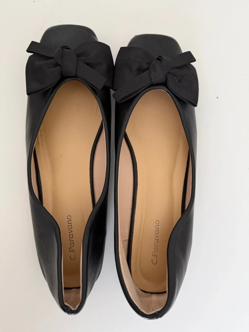 C.Paravano Black Bowknot Soft Leather Square Toe Flats Size 40